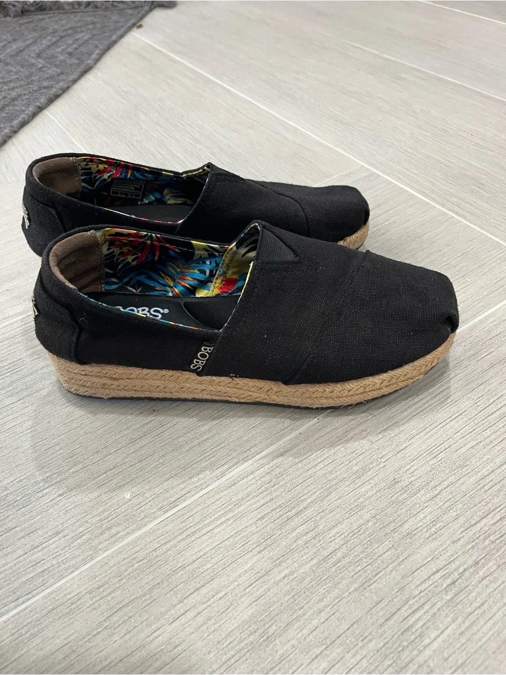 Skechers by BOBS Black Canvas Espadrille Wedge with Tropical Print Lining